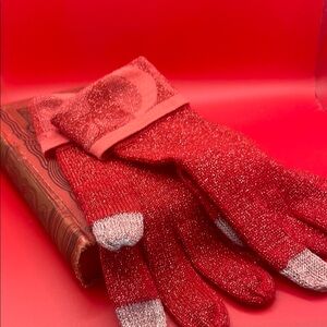 COACH Signature Logo Wool Knit Glitter TECH TOUCH GLOVES in Burgundy NWT